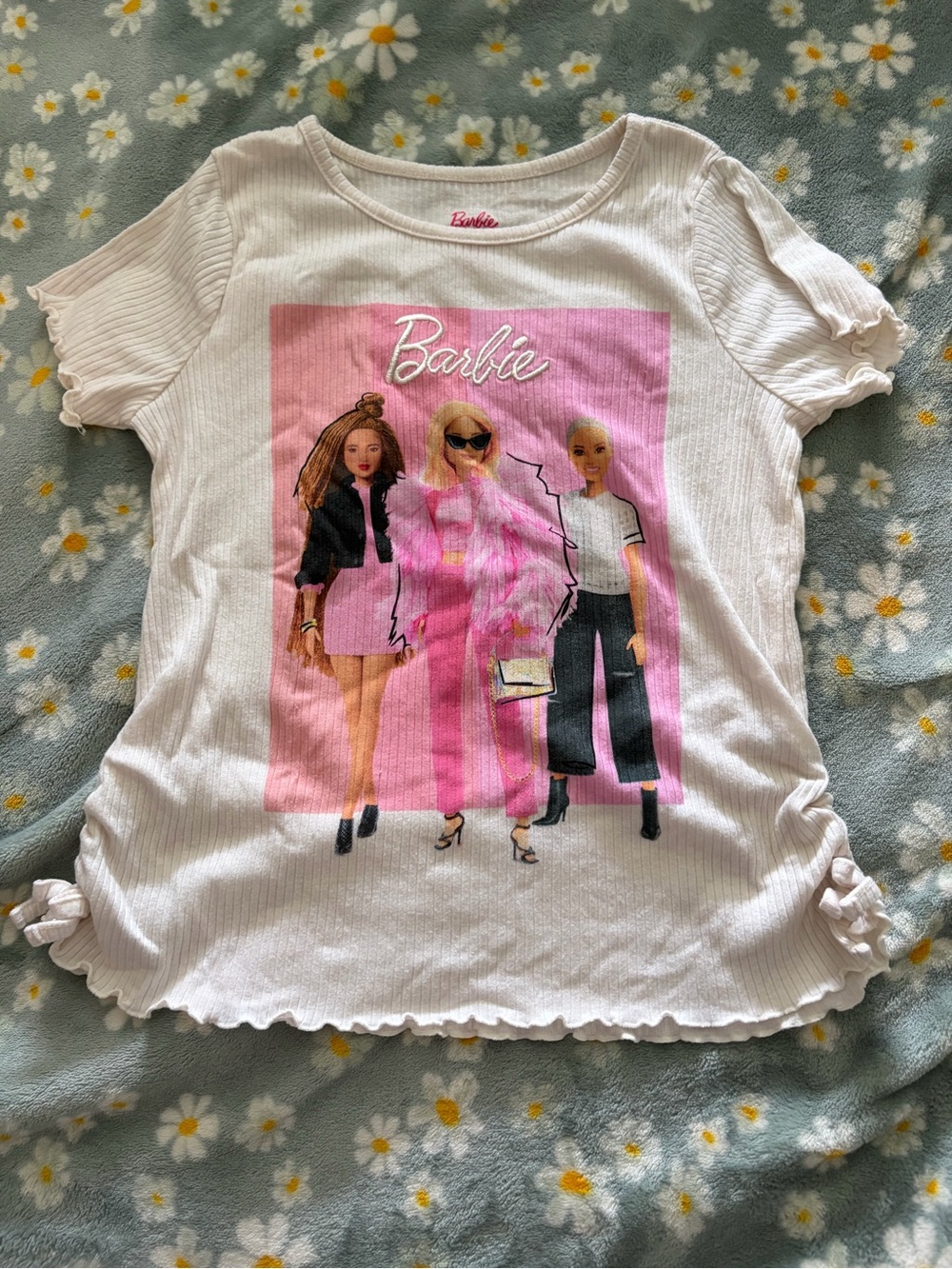 Barbie Pink and White Graphic Ribbed Short Sleeve Tee